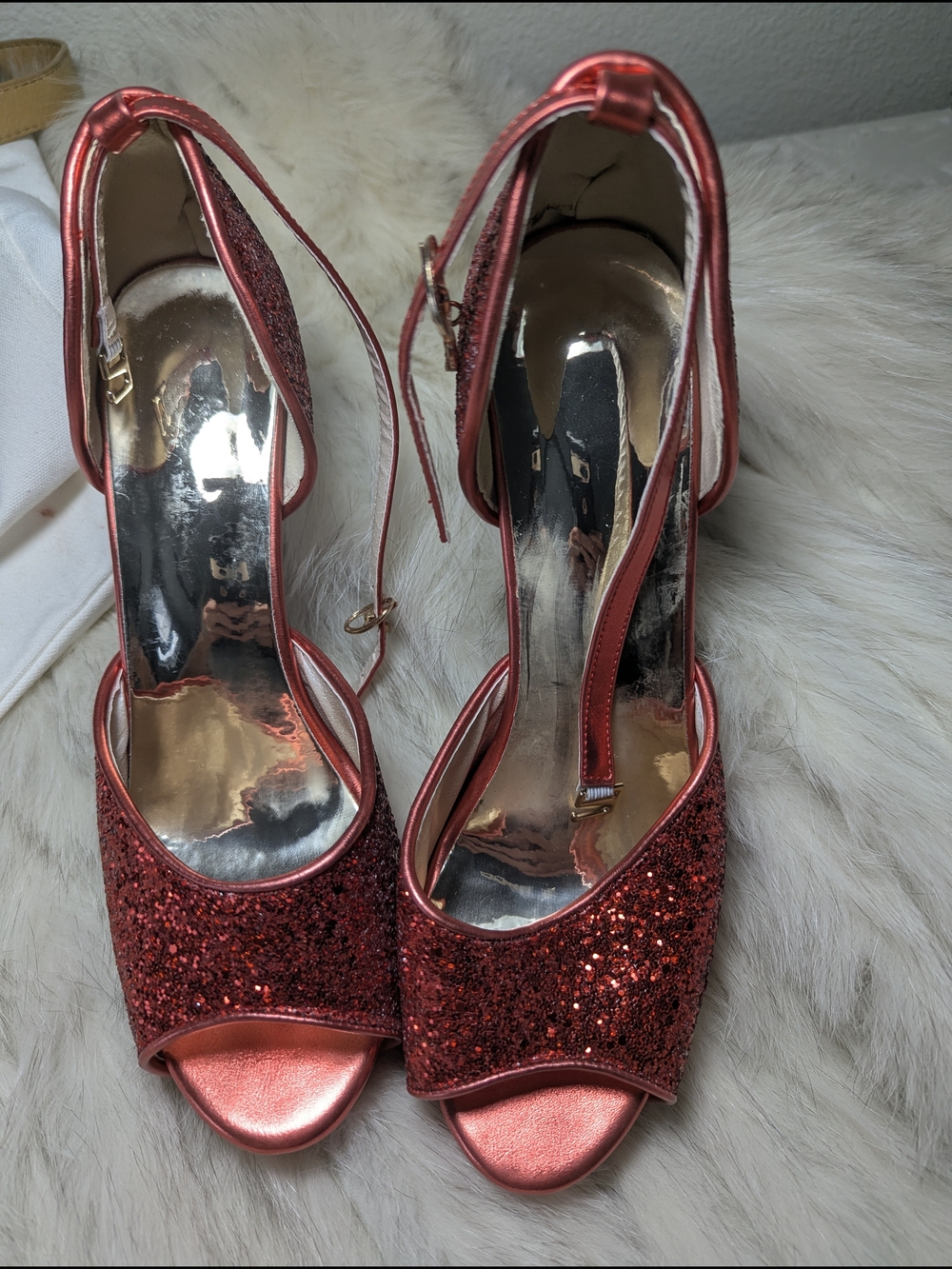 Red Glitter Peep-Toe Ankle-Strap Heels - Women's